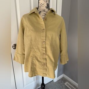 Ruby Rd. Mustard Button-Down Shirt 3/4‎ Sleeves Linen/Cotton